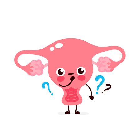 Cute uterus with question mark character. Vector flat cartoon character illustration icon design. Isolated on white background. Women uterus thinking conceptのイラスト素材