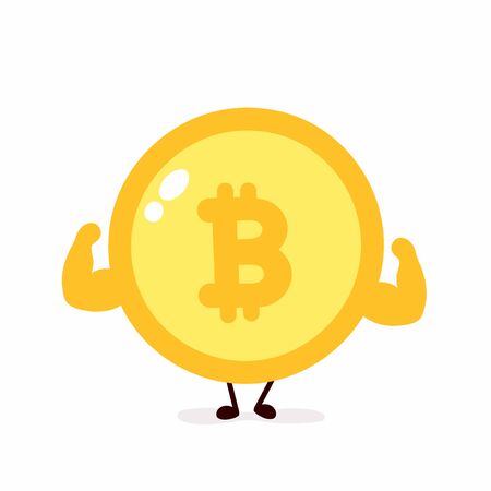 Bitcoin coin show muscle. Vector flat cartoon character illustration icon design. Isolated on white background. Crypto currency,Bitcoin conceptのイラスト素材