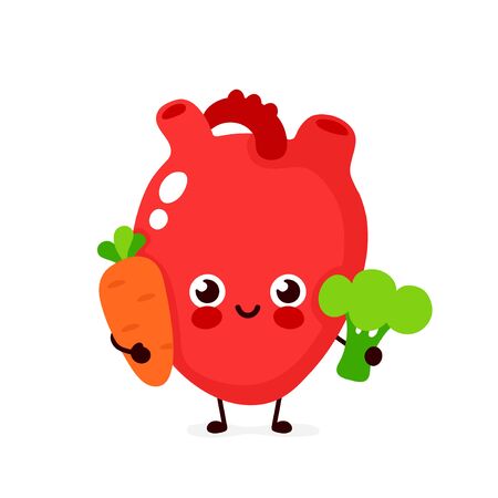 Cute healthy happy heart character with broccoli and carrot. Vector flat cartoon illustration icon design. Isolated on white background. Healthy food nutrition,human heart organ conceptのイラスト素材