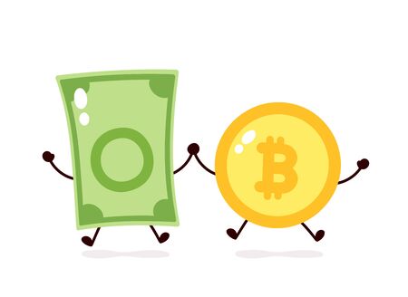 Bitcoin coin and money banknote jump character. Vector flat cartoon character illustration icon design. Isolated on white background. Crypto currency,Bitcoin,dollar bill conceptのイラスト素材