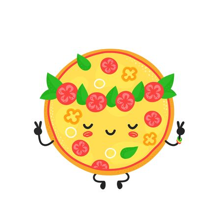 Cute happy meditate vegetarian pizza character. Vector flat cartoon illustration icon design. Isolated on white background. Pizza character conceptのイラスト素材