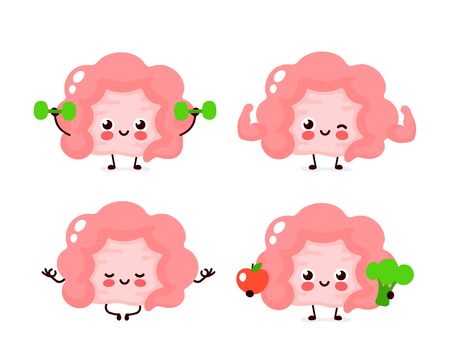Strong cute healthy happy human intestine organ character set. Vector flat cartoon illustration icon design. Isolated on white background. Healthy human intestine gym,meditate in yoga,sport conceptのイラスト素材
