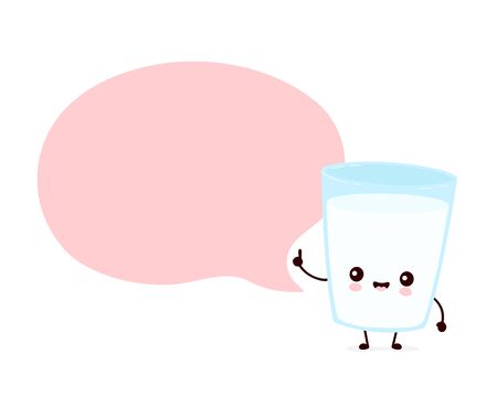 Cute smiling happy milk glass with speech bubble. Vector flat cartoon character illustration.Isolated on white background.Milk glass character conceptのイラスト素材