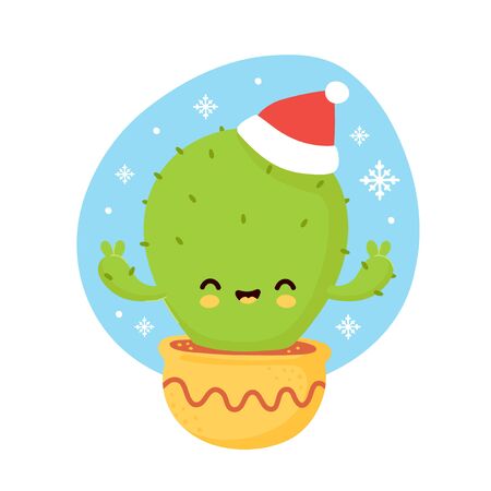 Cute smiling happy cactus in christmas hat and gloves. Vector flat cartoon character illustration. Christmas cactus character conceptのイラスト素材