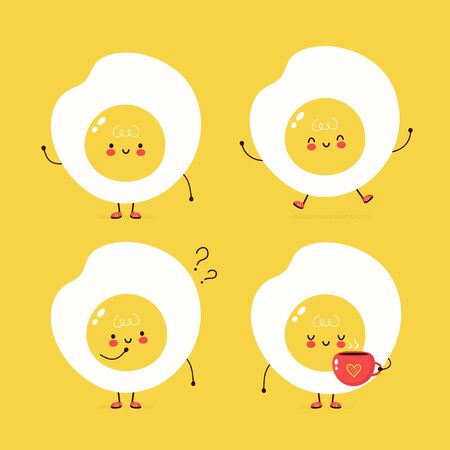 Cute happy fried egg set. Vector cartoon character illustration design,simple flat style. Fried egg character bundle, collection conceptのイラスト素材