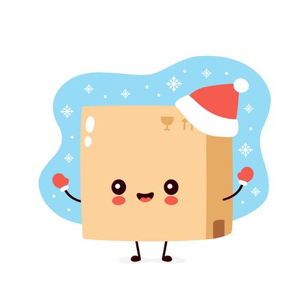 Cute smiling happy delivery box in christmas hat and gloves. Vector flat cartoon character illustration. Christmas box character conceptのイラスト素材