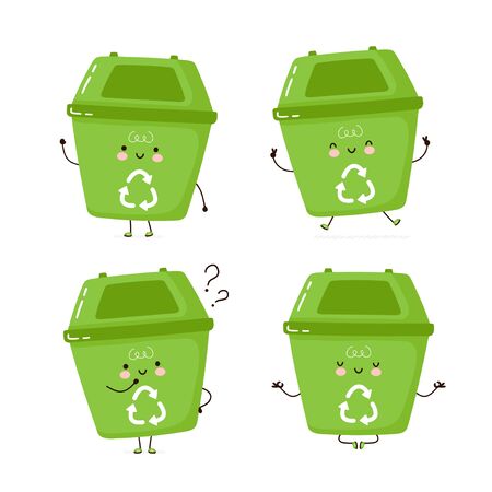 Cute happy trash bin character set collection. Isolated on white background. Vector cartoon character illustration design, simple flat style. Eco trash bin walk,jump,think,meditate conceptのイラスト素材