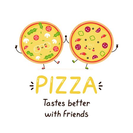 Cute happy smiling pizza friends. Isolated on white background. Vector cartoon character illustration design,simple flat style. Pizza tastes better with friends card. Breakfast food conceptのイラスト素材