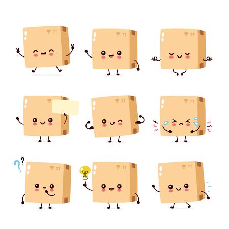 Cute smiling happy parcel,delivery box set collection. Vector flat cartoon character illustration.Isolated on white background.Delivery box character bundle conceptのイラスト素材