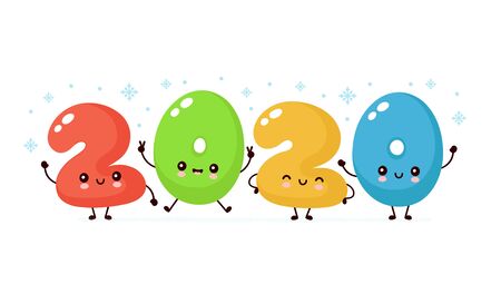 Cute happy smiling 2020 numbers. Vector flat cartoon character illustration icon design. Banner isolated on white background. Happy 2020 New Year, christmas conceptのイラスト素材