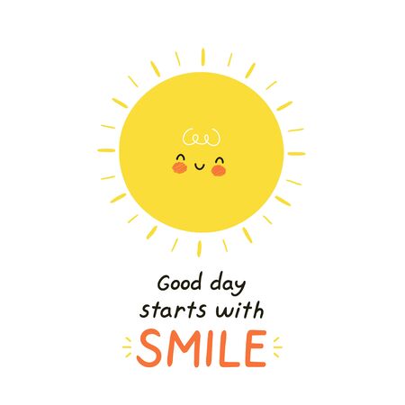 Cute happy sun character. Isolated on white background. Vector cartoon character illustration design,simple flat style. Good day starts with smile cardのイラスト素材
