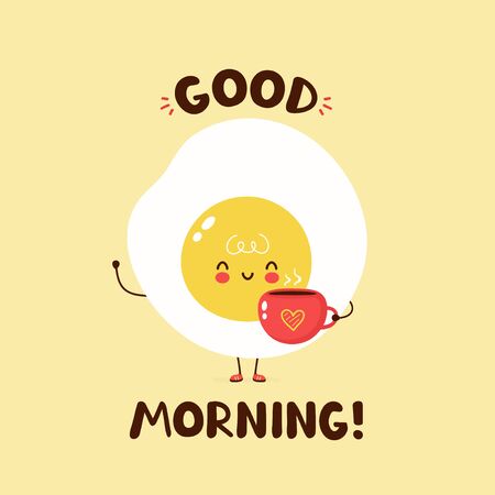 Cute happy fried egg hold coffee cup with heart. Vector cartoon character illustration design,simple flat style. Fried egg and cup character concept. Good morning card,poster,stickerのイラスト素材