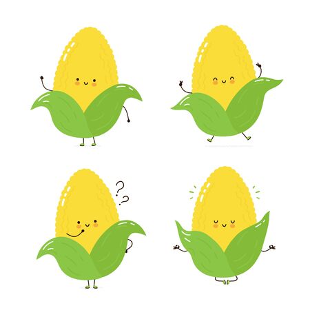 Cute happy corn character set collection. Isolated on white background. Vector cartoon character illustration design, simple flat style. Corn walk,train,think,meditate conceptのイラスト素材