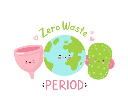 Cute happy Earth planet,cloth pad and menstrual cup. Zero waste period Isolated on white background. Vector cartoon character illustration design,simple flat style. Eco friendly period conceptのイラスト素材