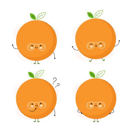 Cute happy orange fruit set. Isolated on white background. Vector cartoon character illustration design,simple flat style. Orange character bundle, collection conceptのイラスト素材