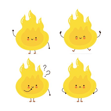 Cute happy fire flame character set collection. Isolated on white background. Vector cartoon character illustration design, simple flat style. Fire character conceptのイラスト素材