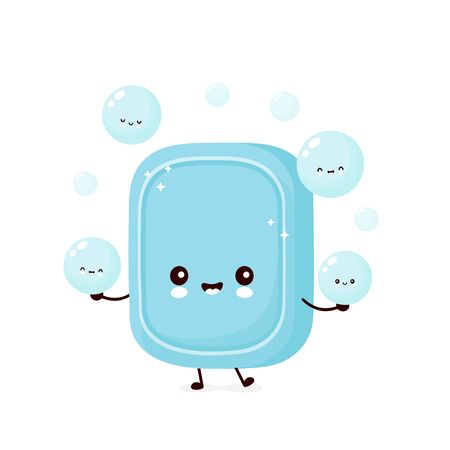 Cute happy soap juggle foam bubble. Vector flat cartoon character illustration icon design. Isolated on white background. Soap bubble conceptのイラスト素材