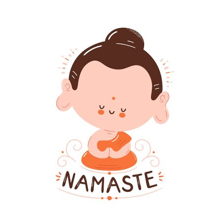 Cute happy smiling Buddha meditate in lotus pose. Namaste card. Isolated on white background. Vector cartoon character illustration design,simple flat style. Little Buddha in lotus, Namaste conceptのイラスト素材