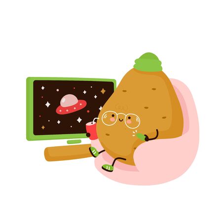 Cute happy potato chill and watch tv. Isolated on white background. Vector cartoon character illustration design, simple flat style. Potato conceptのイラスト素材