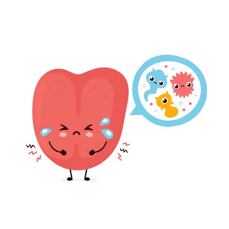 Cute smiling happy human tongue with bacterias. Vector flat cartoon character illustration.Isolated on white background. Human tongue character conceptのイラスト素材