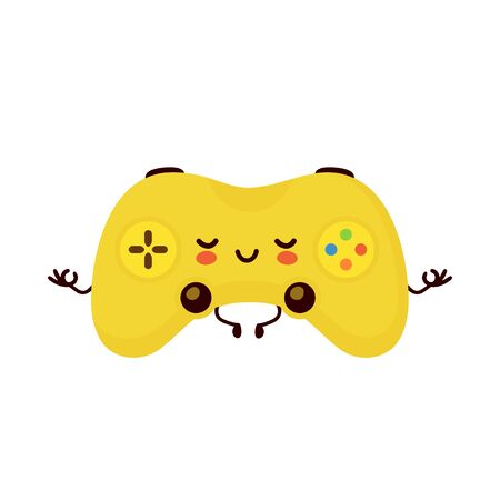 Cute smiling happy game joystick meditate in yoga pose. Vector flat cartoon character illustration.Isolated on white background. Joystick character conceptのイラスト素材