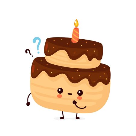 Cute happy layered birthday party cake with one candle and question mark. Vector flat cartoon character illustration icon design.Isolated on white background.  Birthday cake conceptのイラスト素材