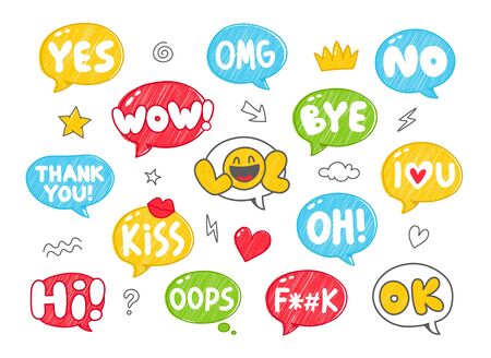 Set of colorful hand drawn style speech bubbles with handwritten short phrases. Isolated on white background. Vector cartoon illustration icon design.のイラスト素材
