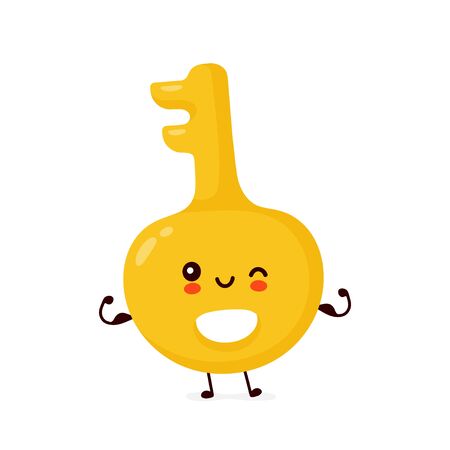 Cute happy strong gold key show muscle. Vector flat cartoon character illustration icon design.Isolated on white background. Key character conceptのイラスト素材