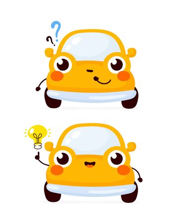 Cute happy yellow automobile car with question mark and idea lightbulb. Vector flat cartoon character illustration icon design.Isolated on white background. Automobile car character conceptのイラスト素材