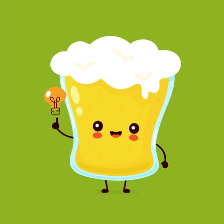 Cute happy smiling glass of beer with light bulb. Vector flat cartoon character illustration icon design. Beer glass,bar alcohol menu conceptのイラスト素材