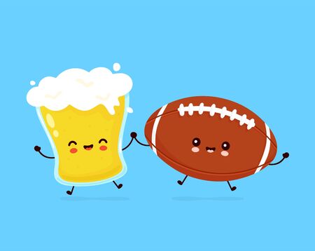 Cute happy smiling glass of beer and american football ball. Vector flat cartoon character illustration icon design. Beer glass and football ball,sport bar menu conceptのイラスト素材