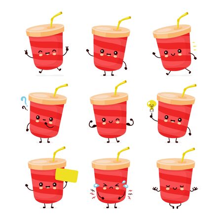 Cute happy soda water cup set collection. Vector flat cartoon character illustration icon design.Isolated on white background. Soda water,fast food menu bundle conceptのイラスト素材