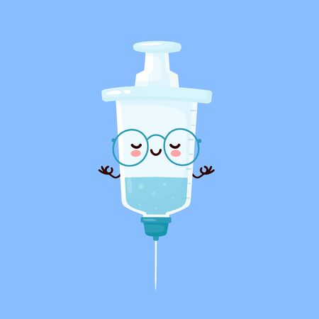 Cute happy smiling syringe meditate. Vector flat cartoon character illustration icon design. Syringe,medical vaccine conceptのイラスト素材