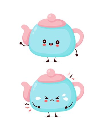 Cute happy smiling and sad cry teapot. Vector flat cartoon character illustration icon design.Isolated on white background. Teapot,tea menu conceptのイラスト素材