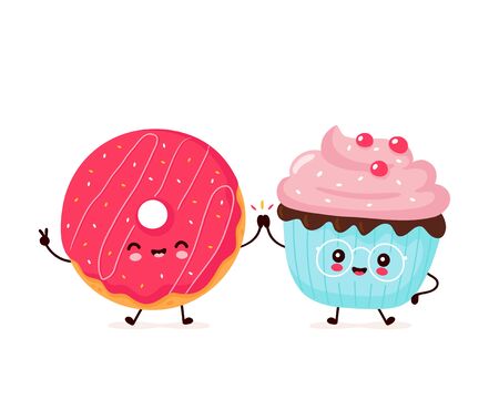 Cute happy smiling donut and cupcake. Vector flat cartoon character illustration icon design.Isolated on white background. Donut,cupcake,bakery menu conceptのイラスト素材