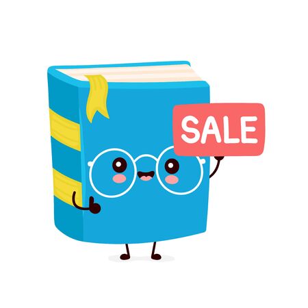 Cute happy smiling book with sale sign. Vector flat cartoon character illustration icon design.Isolated on white background. Book, education conceptのイラスト素材