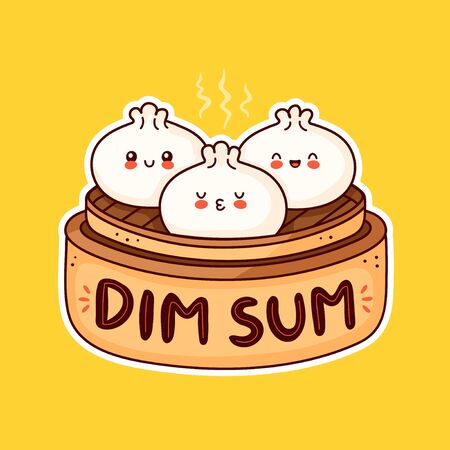 Cute happy smiling dim sum. Vector flat cartoon character illustration icon design. Asian,chinese food menu. Dim sum conceptのイラスト素材