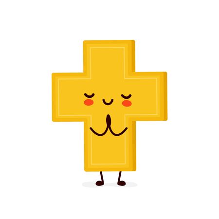 Cute happy smiling christian cross pray. Vector flat cartoon character illustration icon design.Isolated on white background. Christian cross conceptのイラスト素材