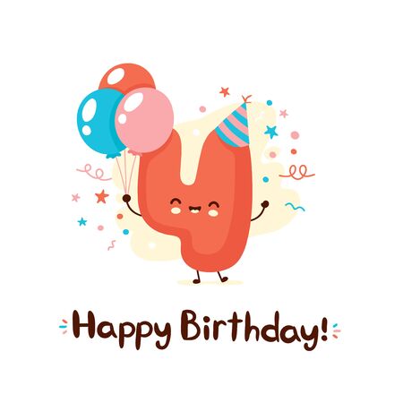 Cute smiling number four with balloons in festive hat. Happy birthday 4 year.Vector flat cartoon character illustration icon design.Isolated on white background. Happy birthday 4 year card conceptのイラスト素材
