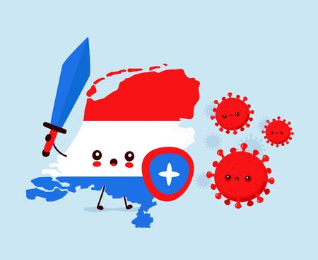 Cute Netherlands fight with coronavirus infection.Vector flat style cartoon character illustrationのイラスト素材