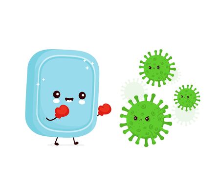 Cute happy smiling soap fight with virus. Vector cartoon character illustration icon design.Isolated on white backgroundのイラスト素材
