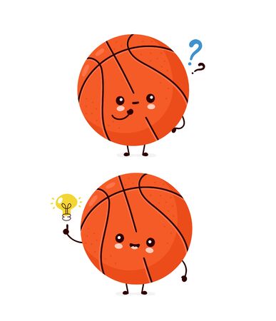 Cute happy smiling basketball ball with question mark and idea lightbulb. Vector flat cartoon character illustration icon design.Isolated on white background. Sport,basketball ball conceptのイラスト素材
