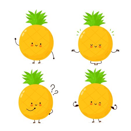 Cute happy funny pineapple fruit set collection. Vector cartoon character illustration icon design.Isolated on white backgroundのイラスト素材