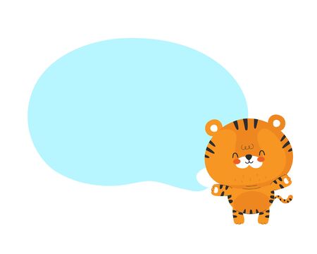 Cute funny happy little tiger with speech bubble. Vector cartoon character illustration icon design.Isolated on white backgroundのイラスト素材