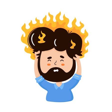 Young man with head ache. Burnout concept. Vector flat cartoon character illustration.Isolated on white backgroundのイラスト素材