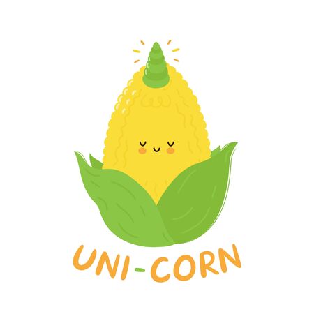 Cute happy funny corn with unicorn horn. Vector cartoon character hand drawing style illustration. Isolated on white backgroundのイラスト素材