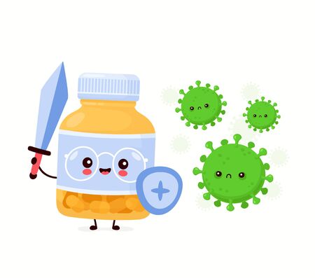 Cute happy funny pill bottle fight with virus. Vector cartoon character illustration icon design.Isolated on white backgroundのイラスト素材