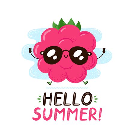 Cute happy funny raspberry set collection. Vector cartoon character hand drawing style illustration. Isolated on white backgroundのイラスト素材