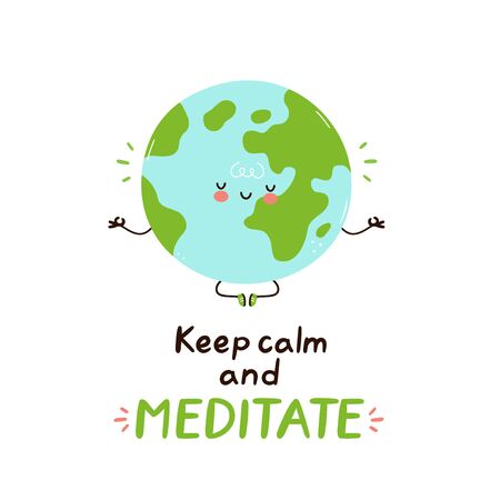 Cute happy funny Earth planet meditate. Vector cartoon character illustration icon design.Isolated on white background. Meditation cardのイラスト素材