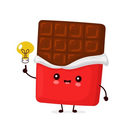 Cute happy funny chocolate bar with light bulb. Vector cartoon character illustration icon design.Isolated on white backgroundのイラスト素材